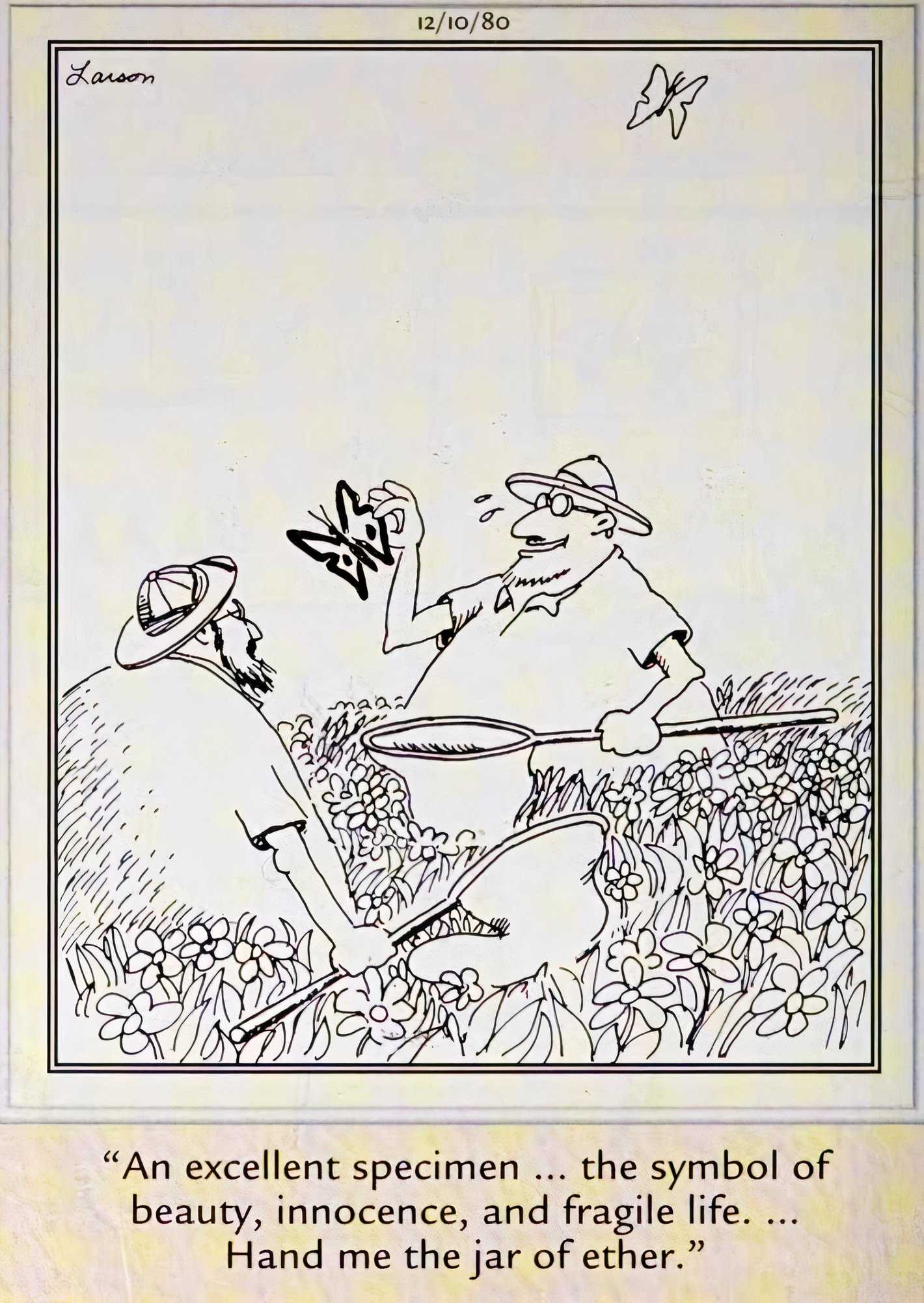 Far Side, 10 de diciembre de 1980, un cazador de mariposas habla de la belleza de un ejemplar mientras se prepara para matarlo.