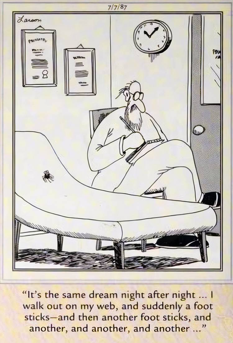 Far Side, July 7, 1987, spider tells therapist about a recurring nightmare