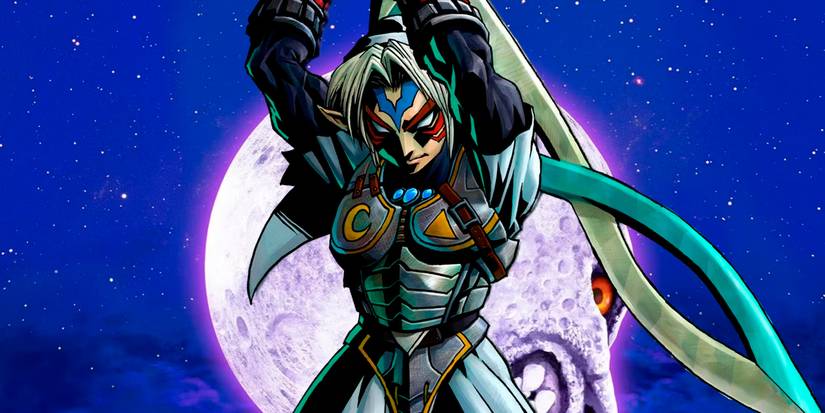 Fierce Deity Link in a fighting pose with the Moon from Majora's Mask in the background