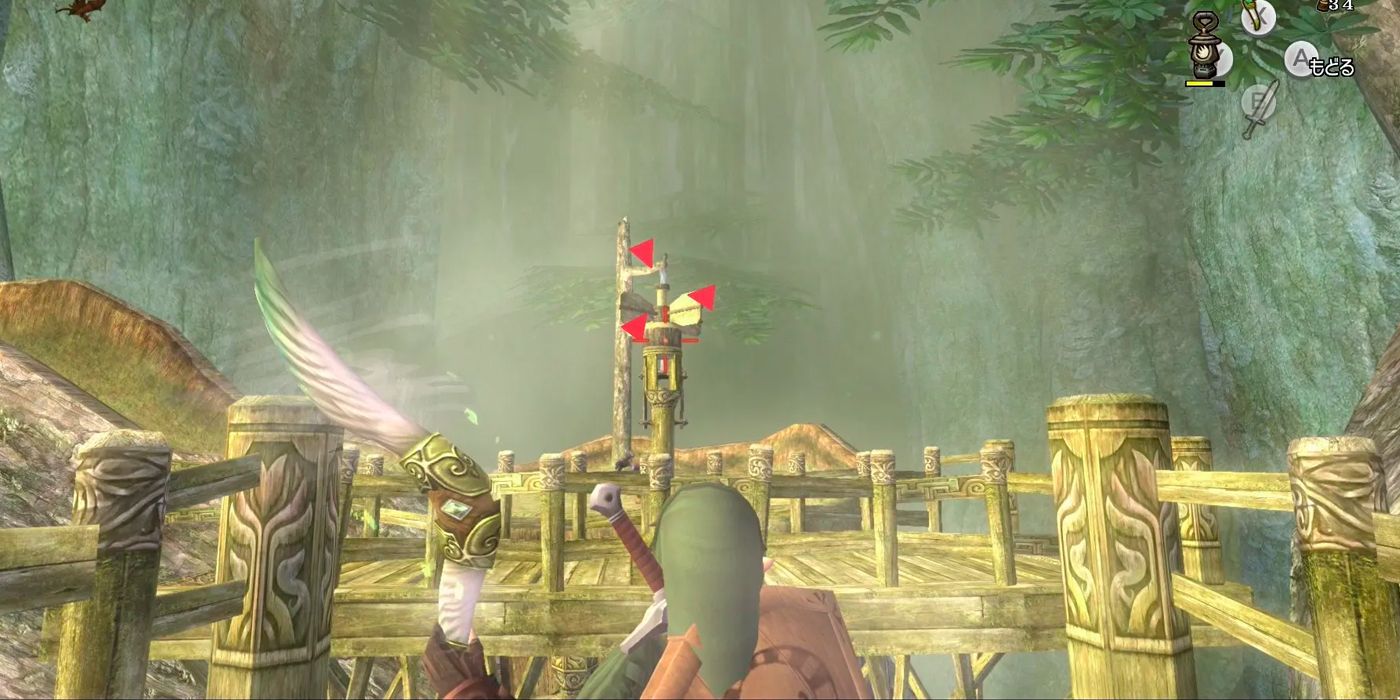 Link about to throw the Gale Boomerang in the Forest Temple.