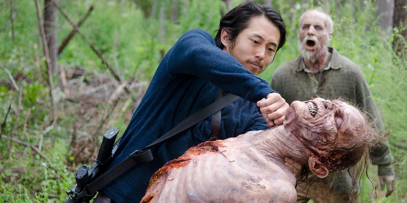 Glenn (Steven Yeun) killing zombies in The Walking Dead