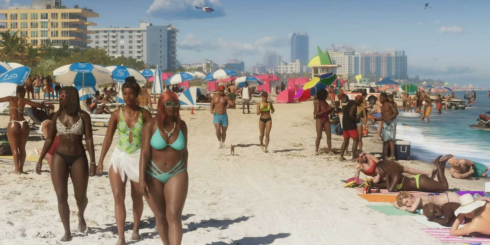 NPCs walking down a busy beach in the first GTA 6 trailer.