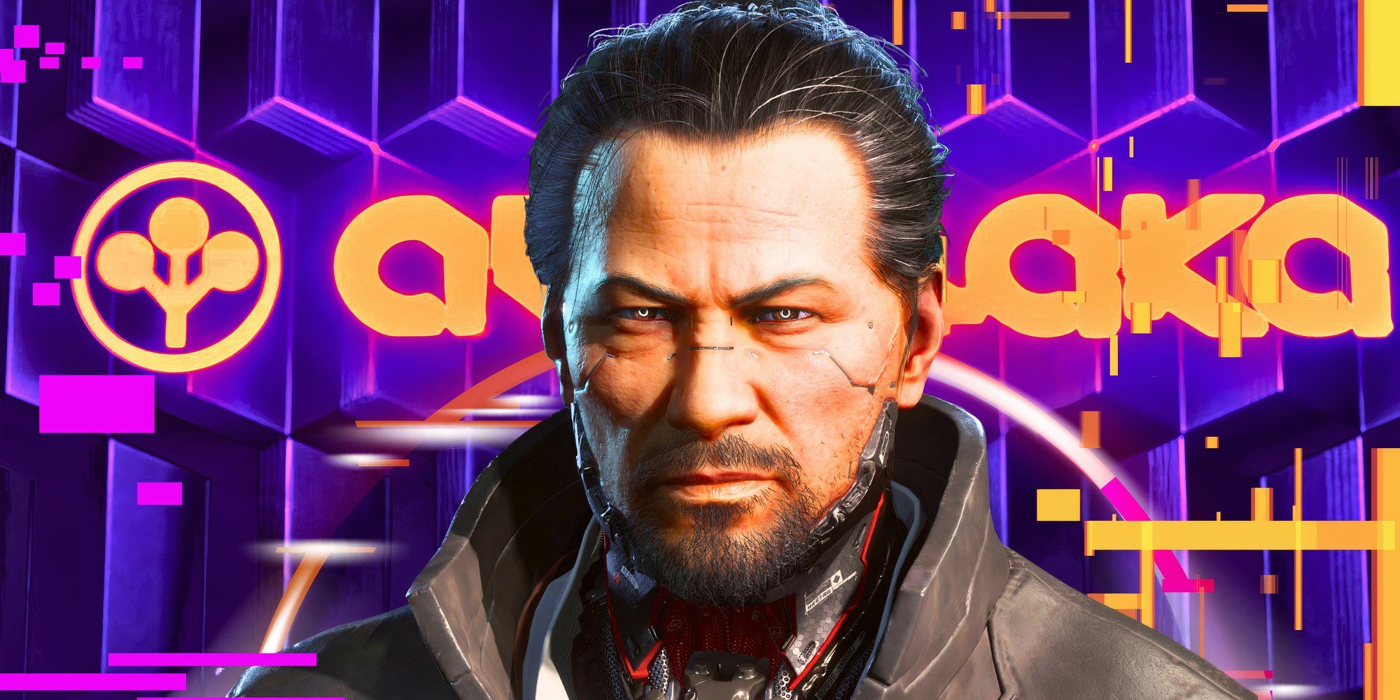 Goro Takemura from Cyberpunk 2077 standing in front of the Arasaka logo.