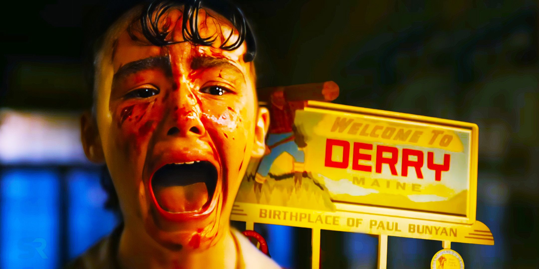 A kid screaming with the Welcome to Derry sign from It beside them.