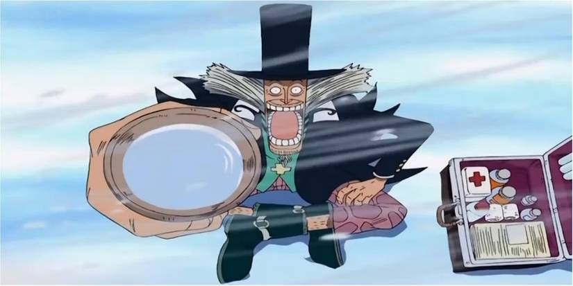 Hiriluk floats in the air, about to die, in One Piece