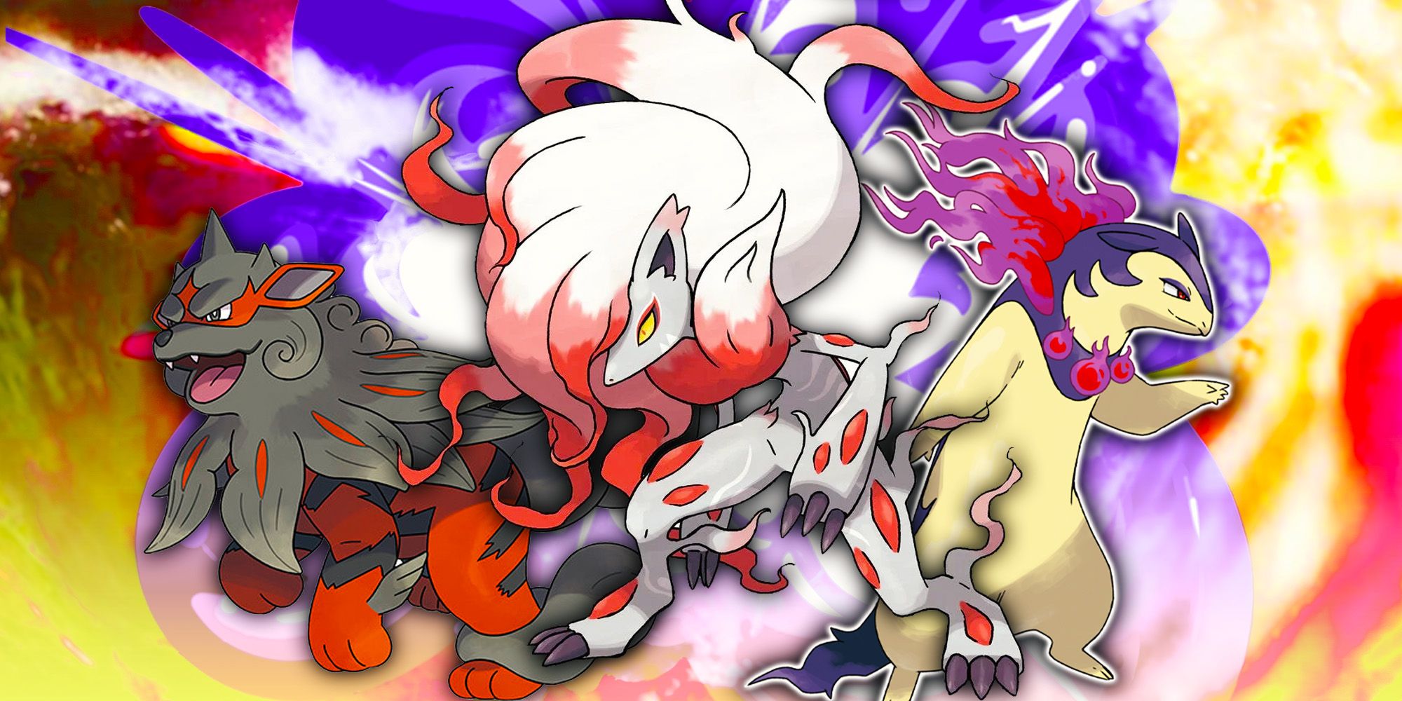 Hisuian Arcanine, Hisuian Typhlosion, and Hisuian Zoroark pose against a colorful background.