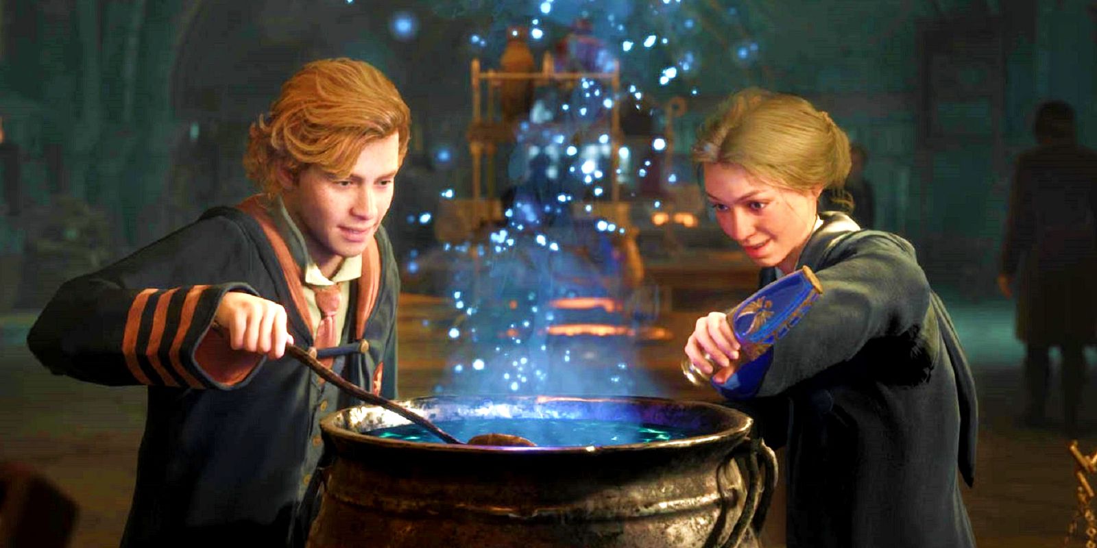 Two students creating a potion in a cauldron in Hogwarts Legacy.