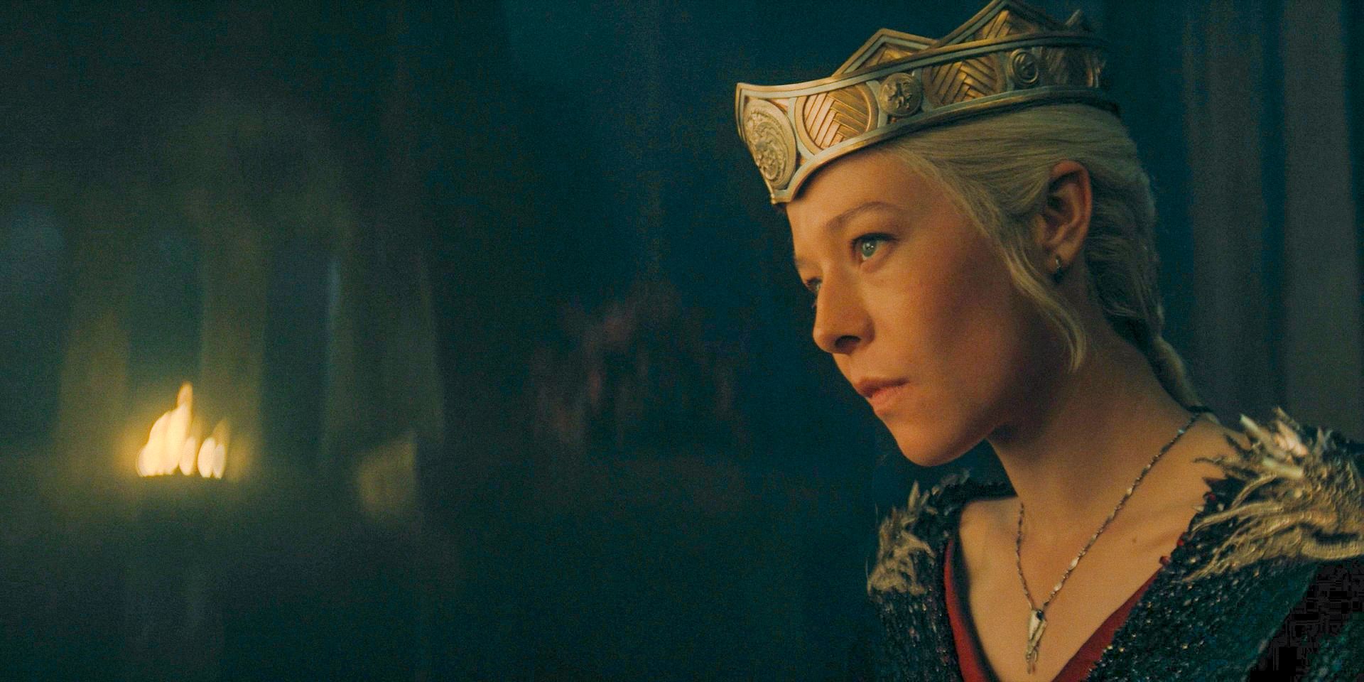 Queen Rhaenyra Targaryen wearing her crown and looking to the left of the screen in House of the Dragon season 2 episode 8