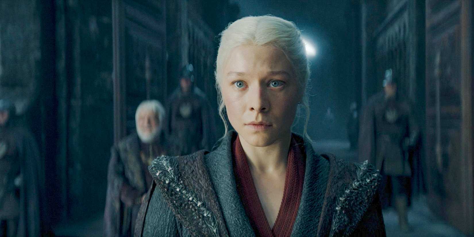 Rhaenyra (Emma D'Arcy) looking confused amidst the armies at Harrenhal in House of the Dragon season 2 Episode 8