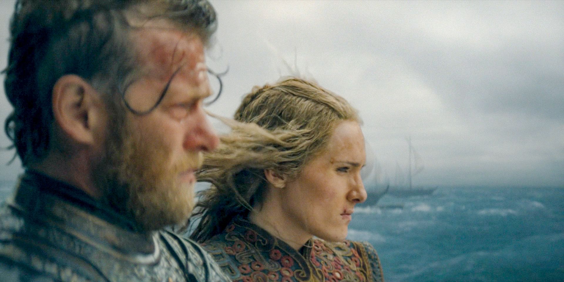 Tyland Lannister (Jefferson Hall) and Sharako Lohar's (Abigail Thorn) fleet sailing toward Rhaenyra’s blockade in House of the Dragon season 2 Episode 8