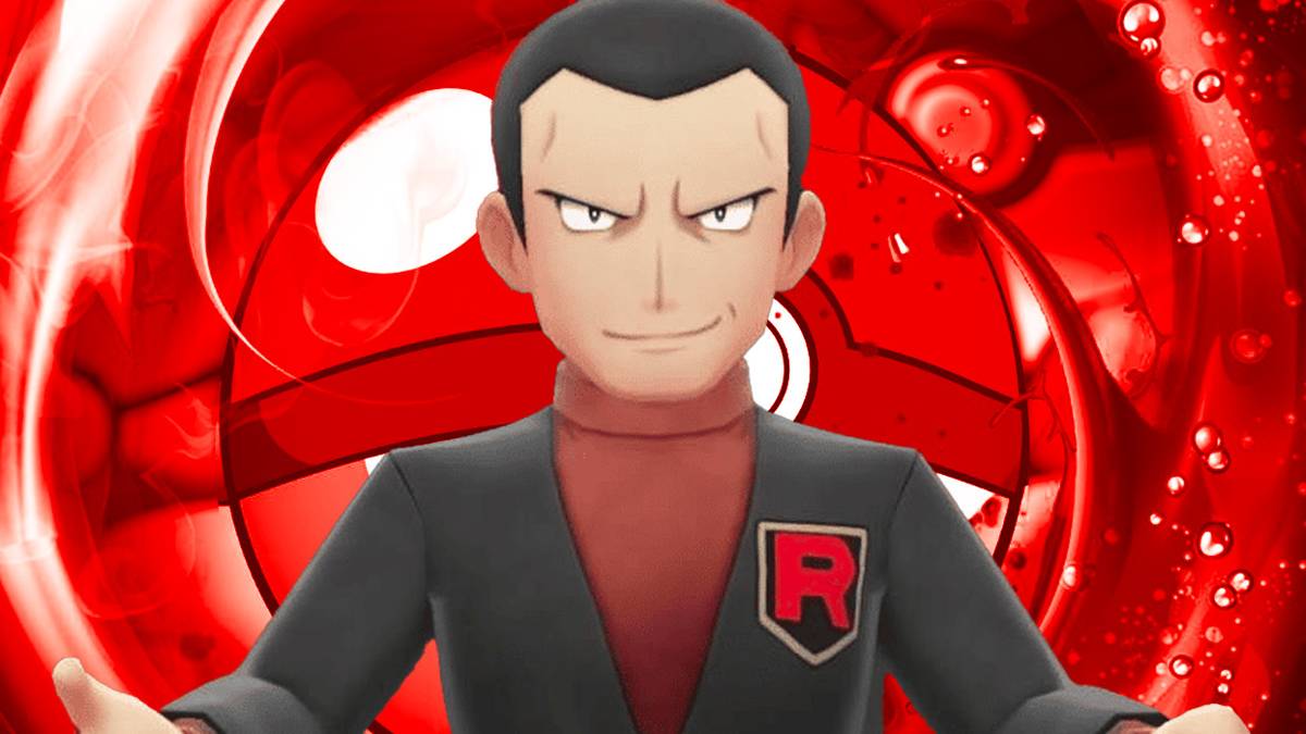 Giovanni appearing in front of a red Poke Ball background in Pokemon GO