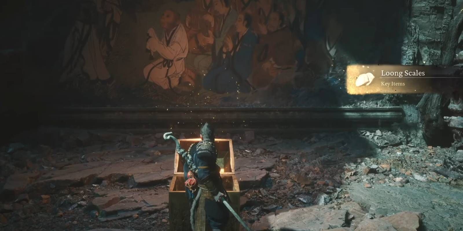 Black Myth: Wukong finding Loong Scales in chest hidden in secret cave in Chapter 2