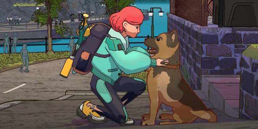 Dungeons of Hinterberg protagonist petting the village Dog character.