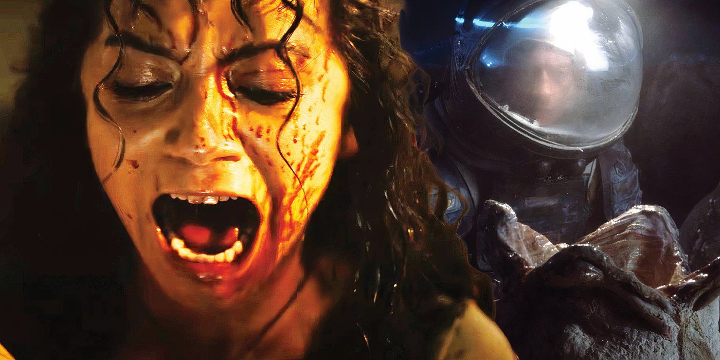 Isabella Merced covered in blood in Alien Romulus and John Hurt in egg chamber from 1979s Alien