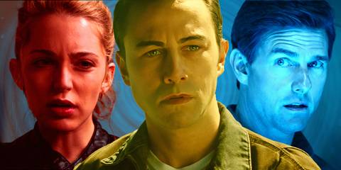 Jessica Rothe as Tree in Happy Death Day, Joseph Gordon-Levitt as Joe in Looper and Tom Cruise as Bill in Edge of Tomorrow