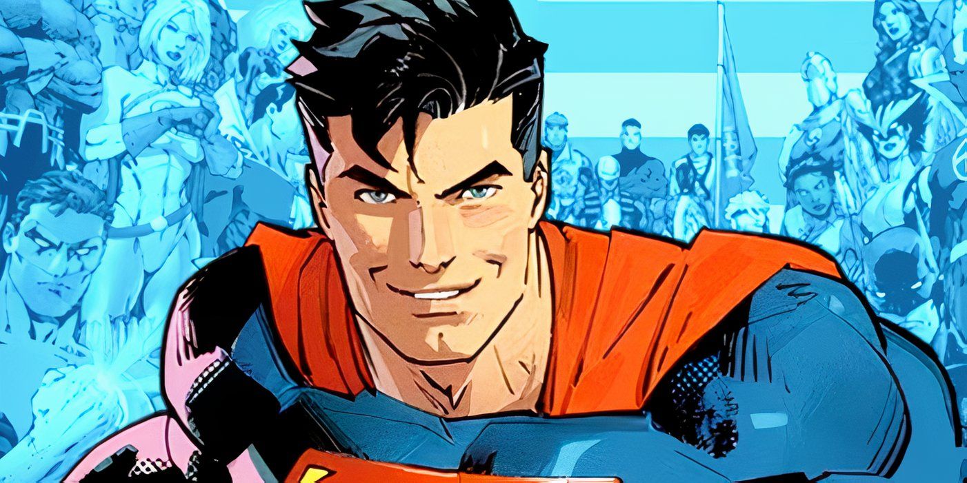 Superman (foreground) with the Justice League assembled in the distance in the background.