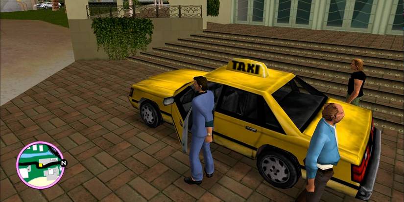 The crew getting into the taxi they'll use as a getaway vehicle.