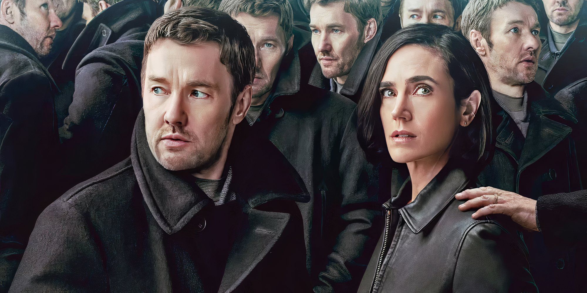 Joel Edgerton and Jennifer Connelly in Dark Matter, with multiple versions of Edgerton's Jason behind them