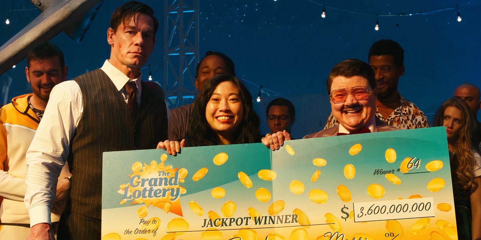 John Cena as Noel, Awkwafina as Katie, and Murray Hill as Johnny Grand in Jackpot