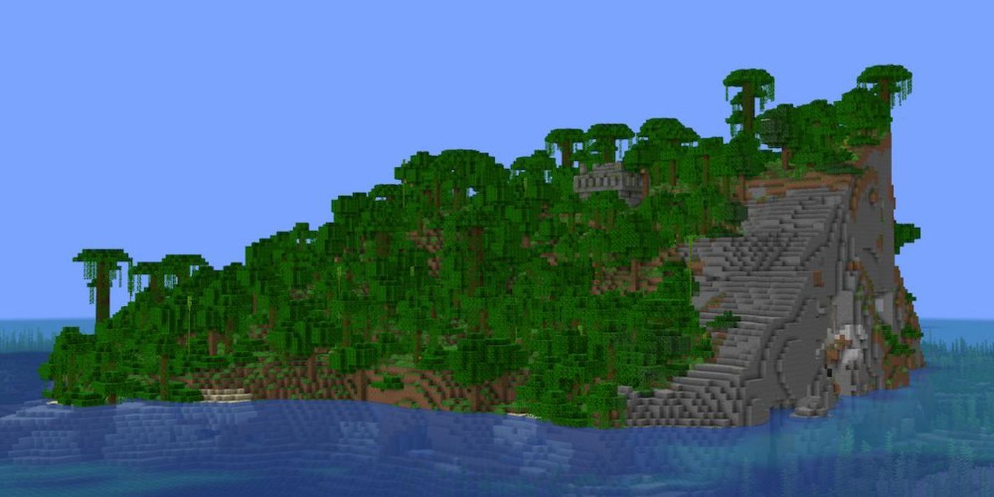 Island with a Jungle biome and Jungle Temple in the middle, surrounded by water in Minecraft.