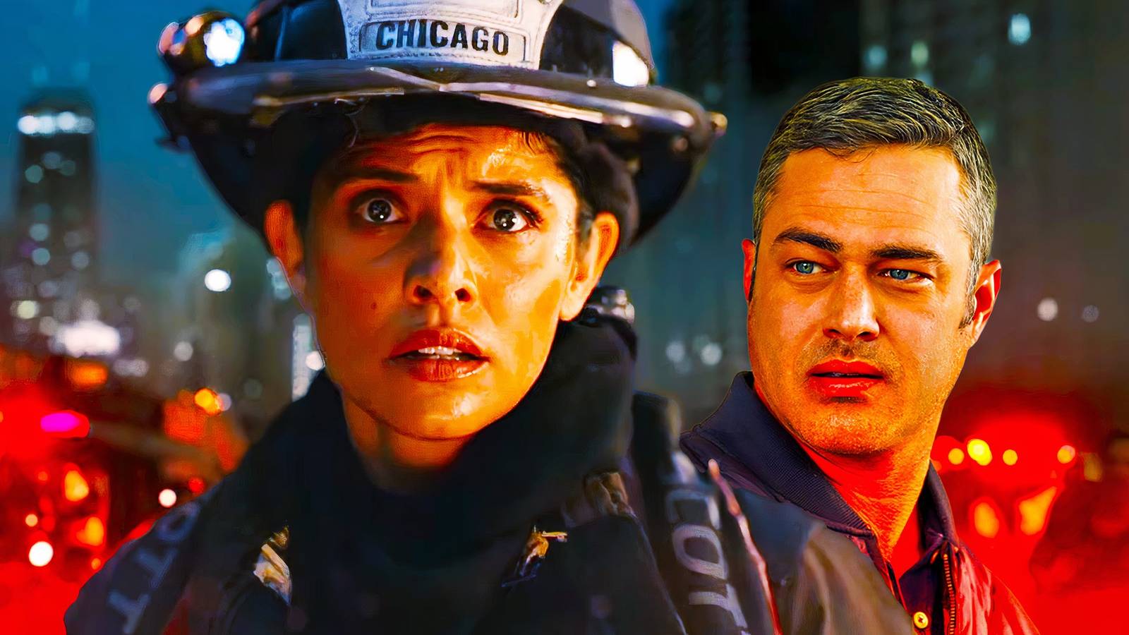 Miranda Rae Mayo as Stella Kidd and Taylor Kinney as Kelly Severide in Chicago Fire.