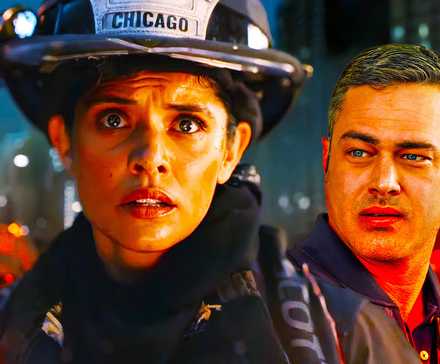 Miranda Rae Mayo as Stella Kidd and Taylor Kinney as Kelly Severide in Chicago Fire.