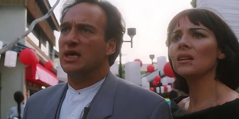 Kim Cattrall and James Belushi looking surprised in Wild Palms