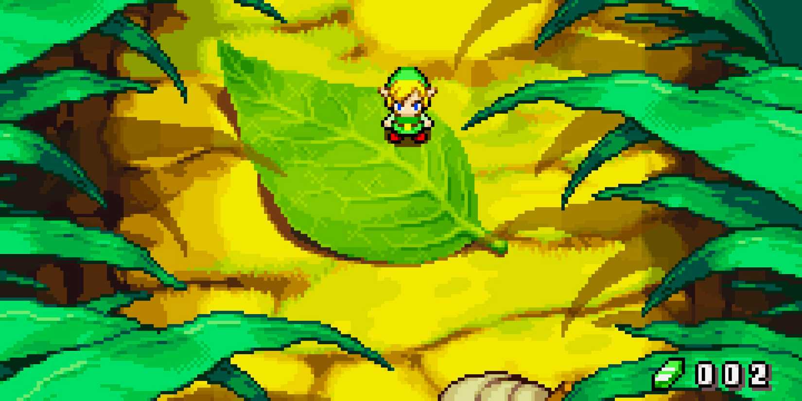 A small version of Link from the Legend of Zelda on a leaf in The Minish Cap.