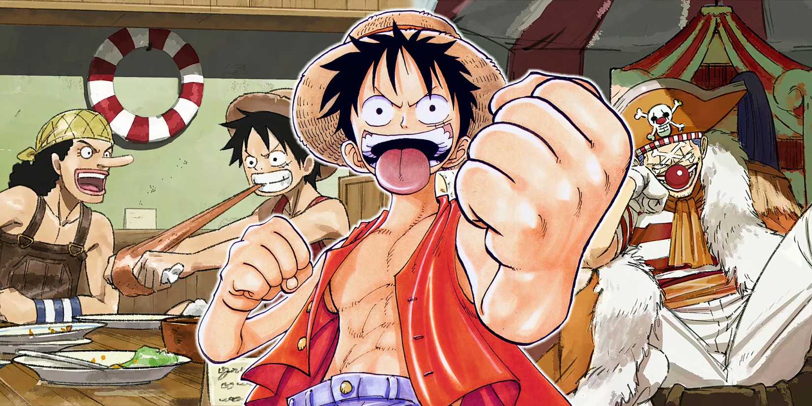 Luffy holding up a fist with his tongue sticking out and concept art for the one piece remake in the background featuring buggy, usopp and luffy