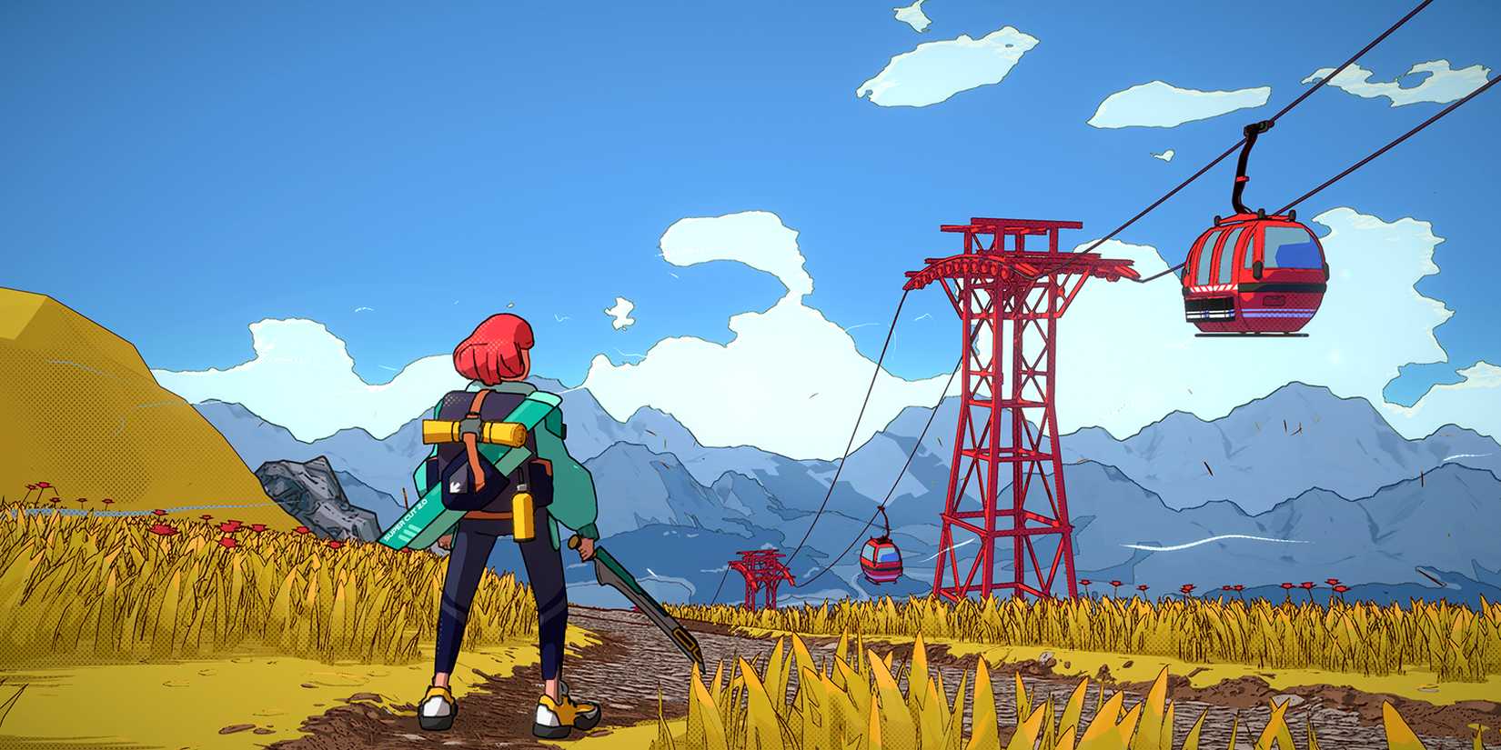 Luisa Standing On Lush Grassy Mountainside Holding Sword And Looking At Red Cable Car Against The Alps In Dungeons Of Hinterberg.