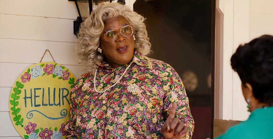 Madea at her front door in A Madea Homecoming,