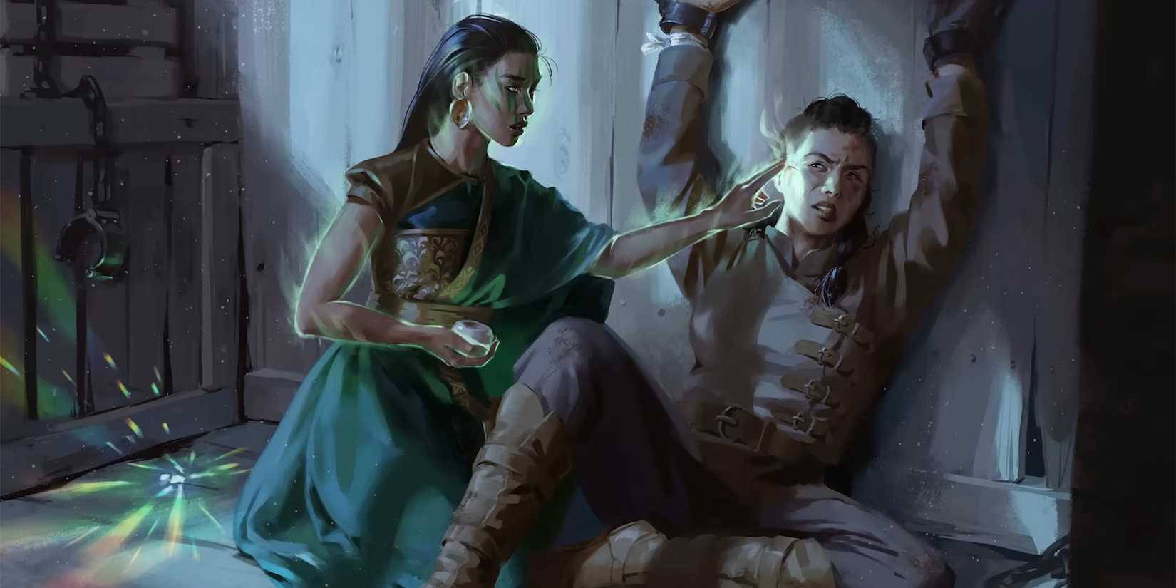 A character using magic to touch a wound on the face of someone chained against a wall in the Cosmere RPG.