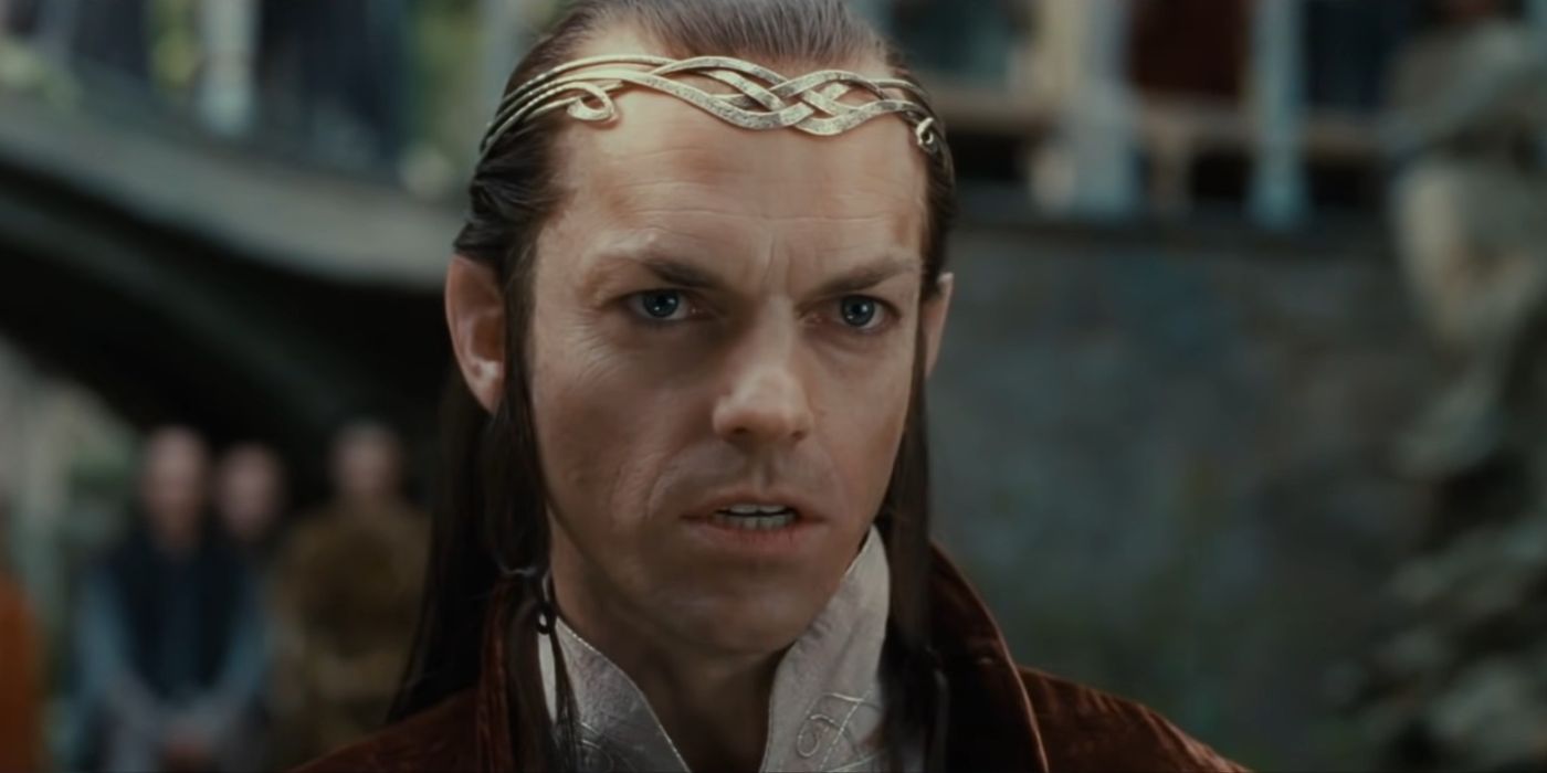 Hugo Weaving as Elrond frowning in The Lord of the Rings: The Fellowship of the Ring.