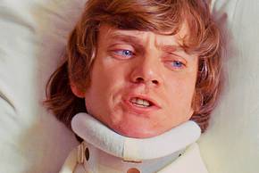 Malcolm McDowell as Alex lying in bed with a neck brace on in A Clockwork Orange custom image