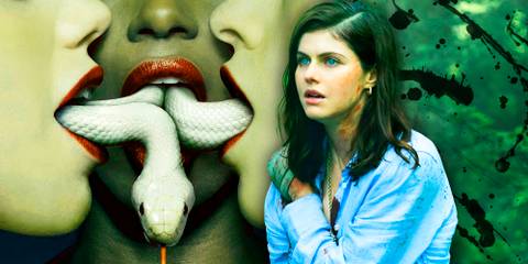 American Horror Story Coven poster of a snake in three women's mouths with Alexandra Daddario as Rowan clutching her shoulder in Mayfair Witches