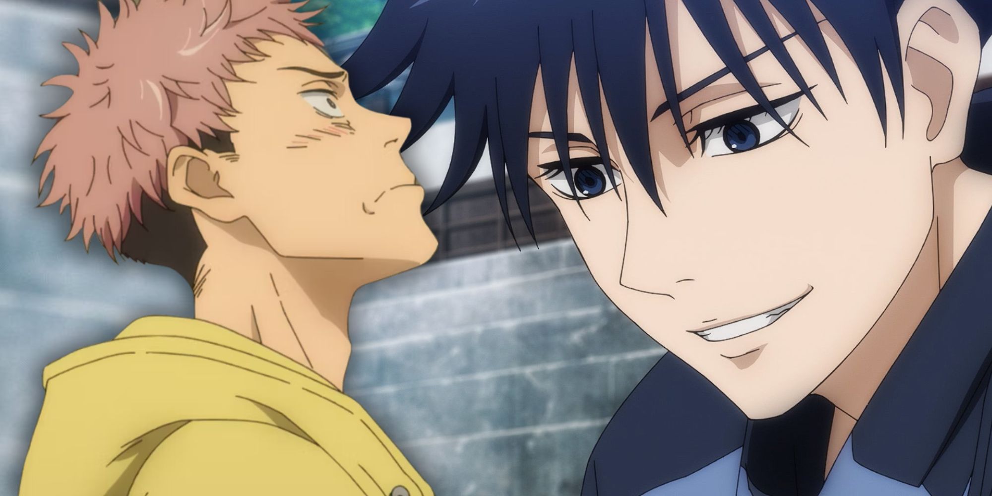 Мегуми на заднем плане улыбается, а Юджи смотрит на него