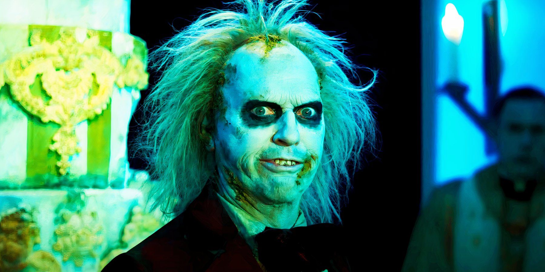 Michael Keaton as Betelgeuse looking goofy in Beetlejuice Beetlejuice