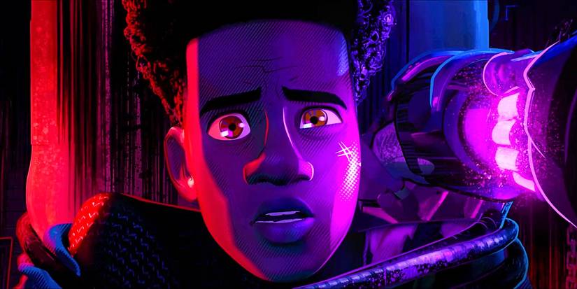 Miles Morales Tied To A Punching Bag With The Prowler's Fist Next To His Head In Spider-Man Across the Spider-Verse