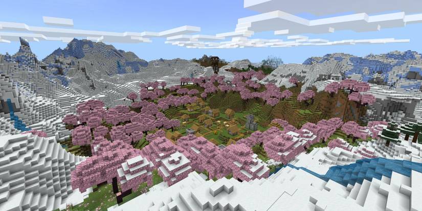 Minecraft Seed With Cherry Blossom Grove Valley Village Surrounded By Snowy Mountains.