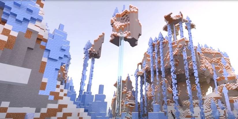View of Minecraft Ice Spikes Falling Off Floating Islands in Snowy World Seed.