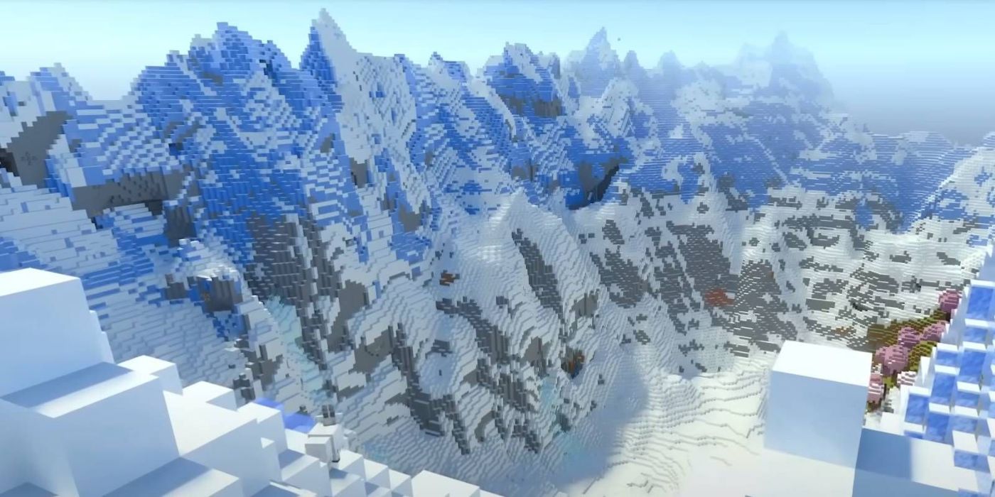 Vista delle cime innevate in Minecraft generata da questo seed