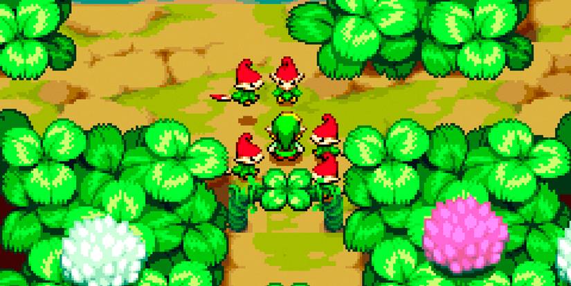 Link meeting the Minish for the first time in their village in The Legend of Zelda: The Minish Cap.