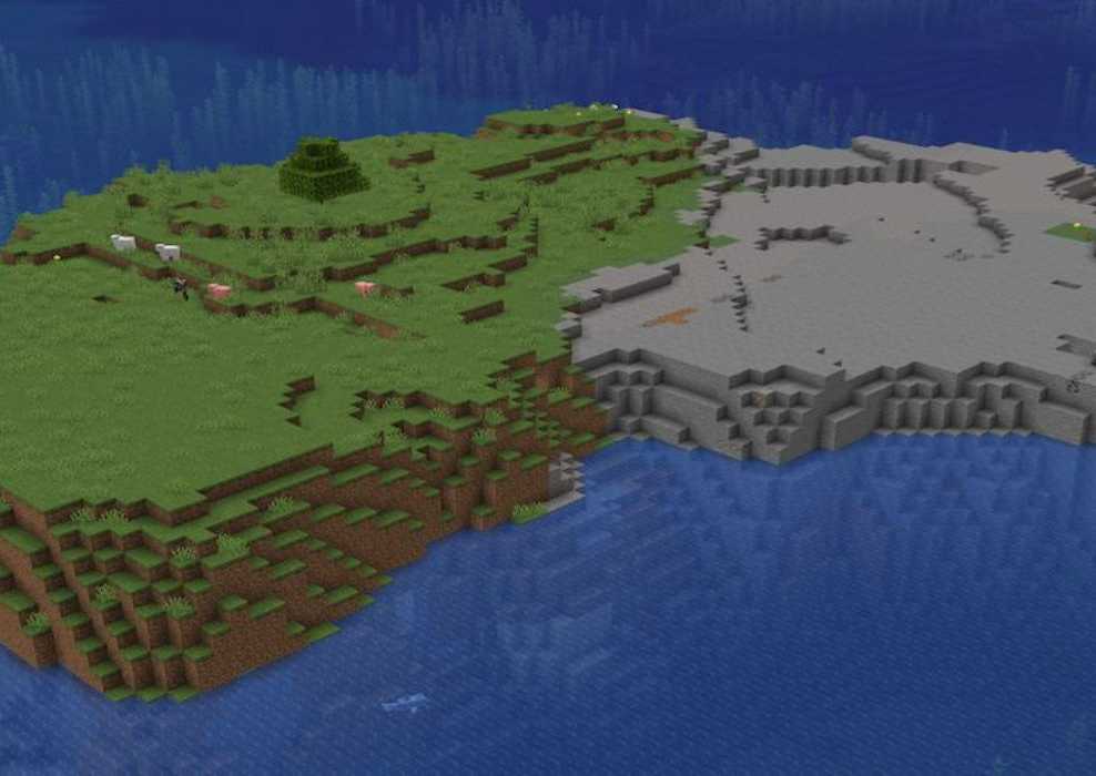 Small island with a Plains biome, surrounded by Stone and water in Minecraft.