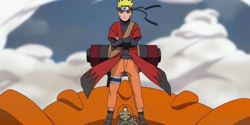 Naruto in Sage Mode, about to fight against Pain as he stands on top of a toad.