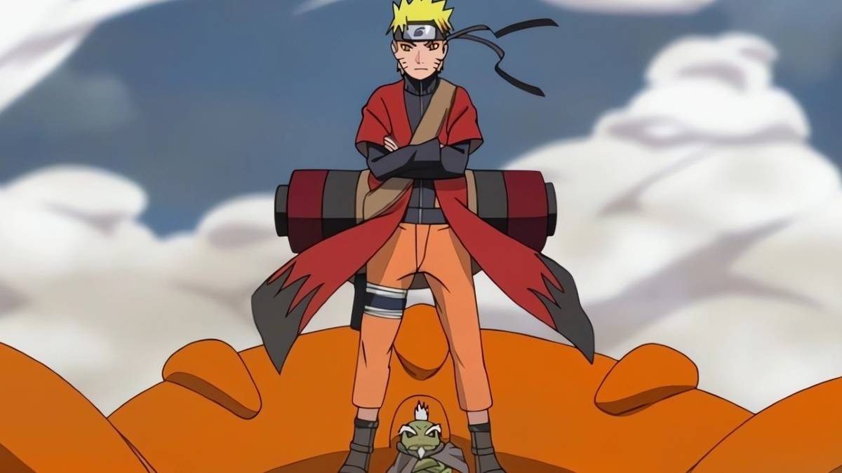 Naruto in Sage Mode, about to fight against Pain as he stands on top of a toad.