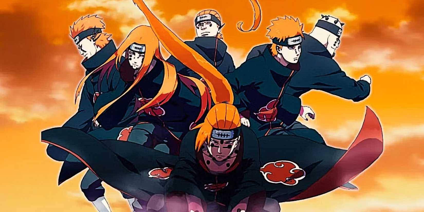 A collage of the six forms of Pain from Naruto