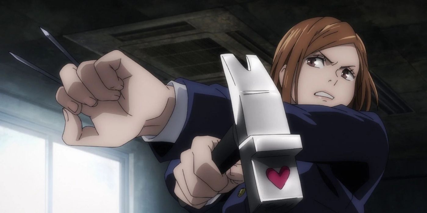 Nobara holding her nails and hammer preparing to fight against a Cursed Spirit.