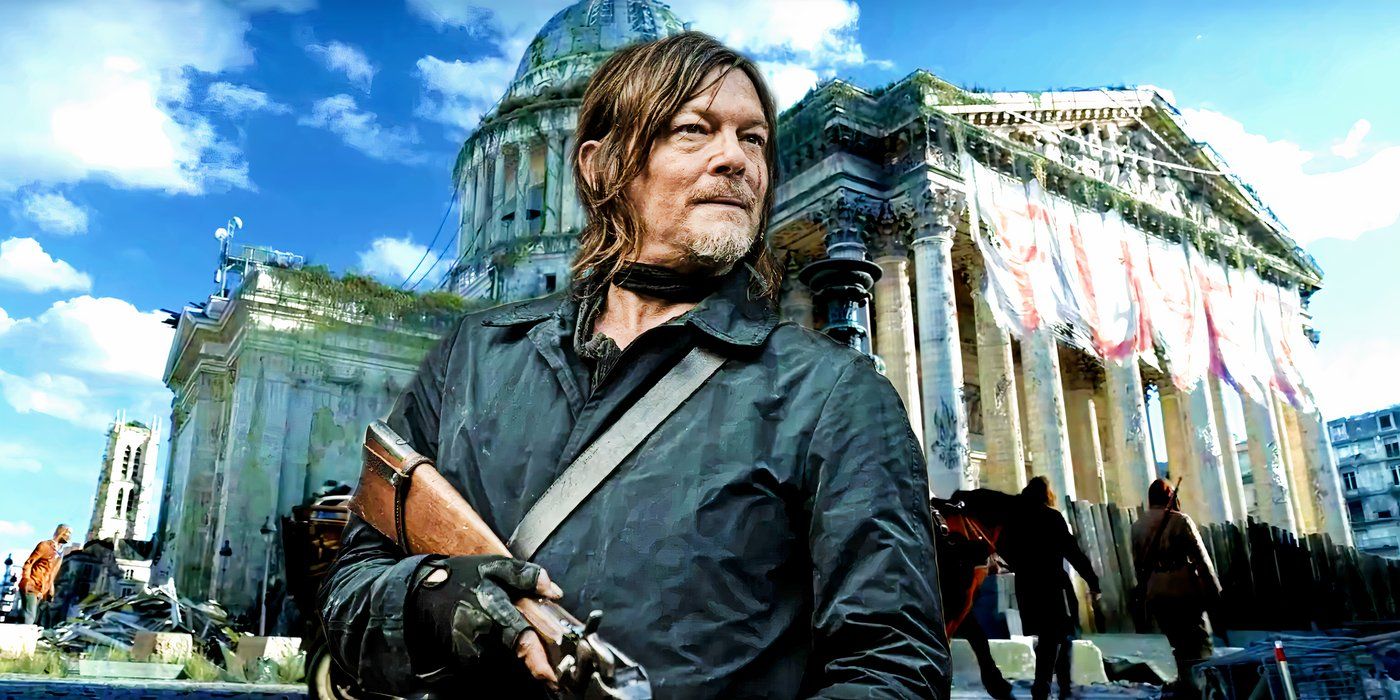 Norman Reedus as Daryl Dixon in front of a run-down government building in The Walking Dead: Daryl Dixon custom image