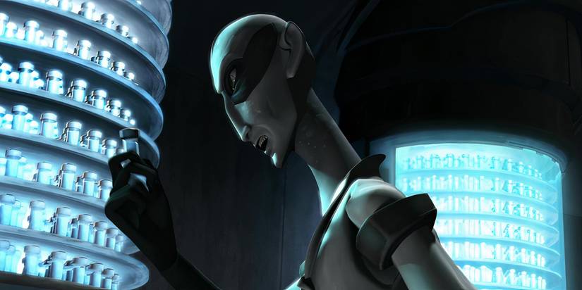 Nuvo Vindi holding a vial of Blue Shadow Virus in Star Wars: The Clone Wars