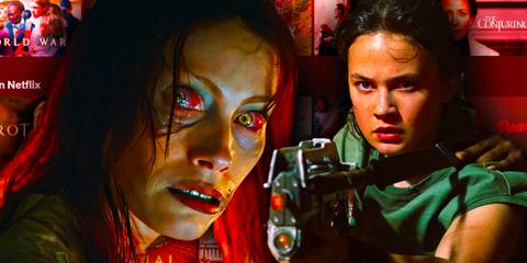 Alyssa Sutherland in Evil Dead Rise and Cailee Spaeny in Alien: Romulus with the Netflix homepage in the background